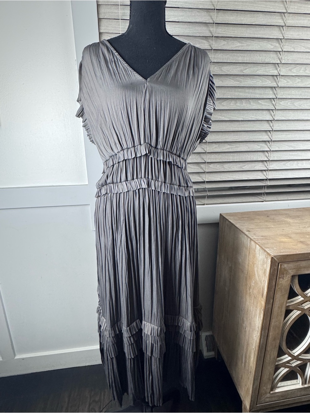 Pleated V-Neck Maxi Dress in Gray